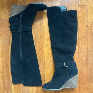 Black Suede Over the Knee Heeled Boots